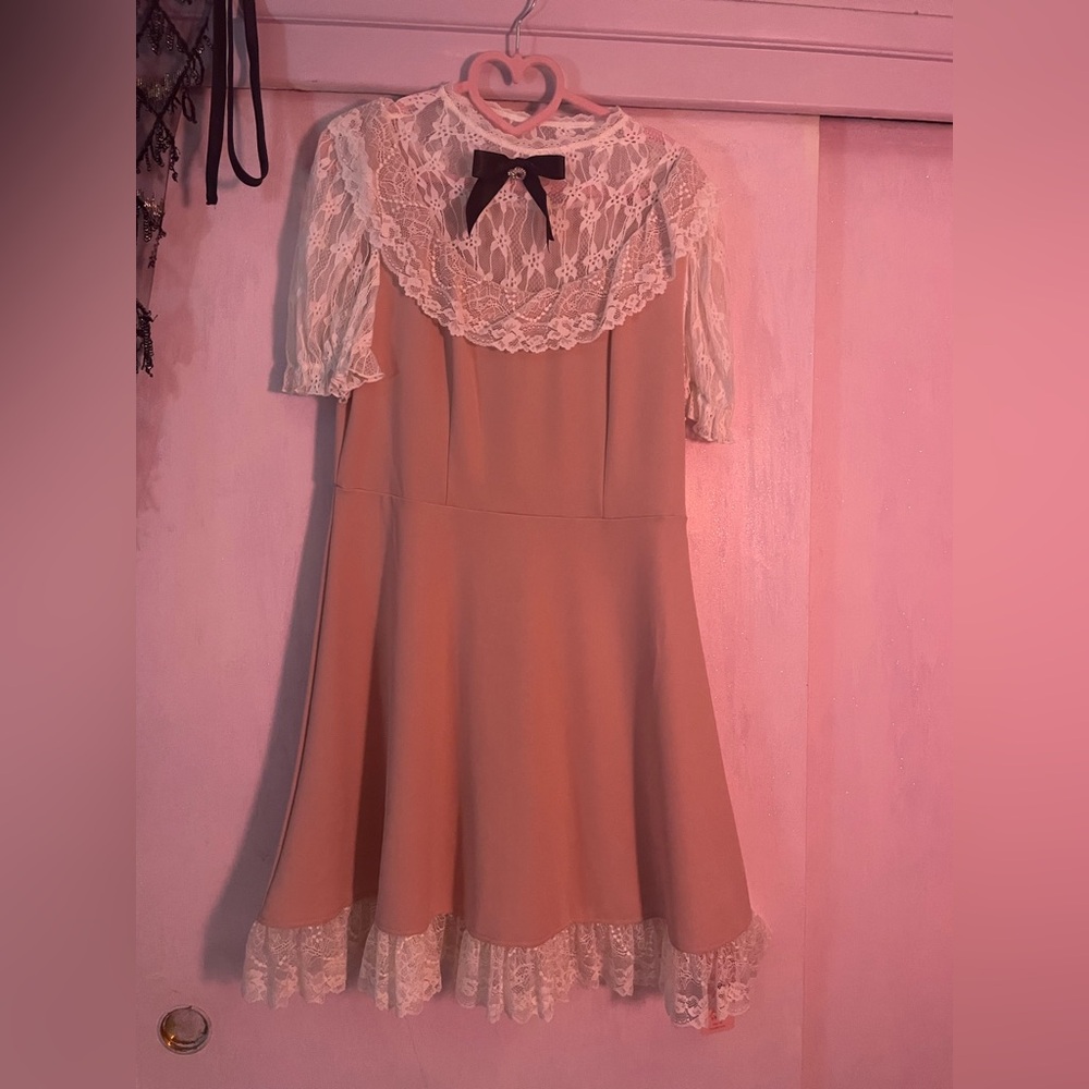 SHEIN Pink Midi Dress with  Lace Yoke and Rhinestone Bow Lolita Mod